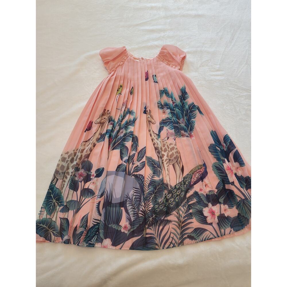 Deux Par Deux Girls Safari Print Accordion Pleated Dress Sz 7